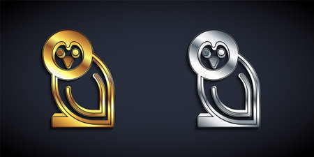 Gold and silver Owl bird icon isolated on black background. Animal symbol. Long shadow style. Vectorのイラスト素材