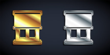 Gold and silver Window with curtains in the room icon isolated on black background. Long shadow style. Vectorのイラスト素材