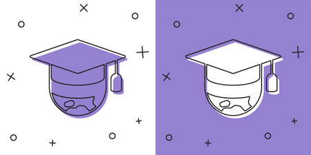 Set Graduation cap on globe icon isolated on white and purple background. World education symbol. Online learning or e-learning concept. Vectorのイラスト素材