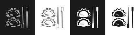 Set Dumpling with chopsticks icon isolated on black and white background. Traditional chinese dish. Vectorのイラスト素材
