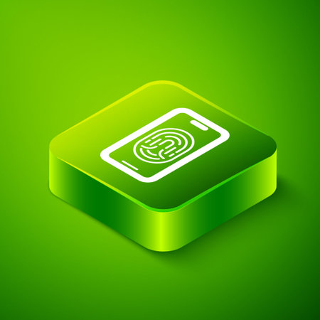 Isometric Smartphone with fingerprint scanner icon isolated on green background. Concept of security, personal access via finger on mobile. Green square button. Vectorのイラスト素材