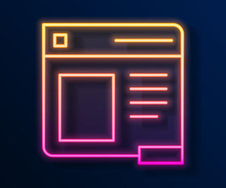 Glowing neon line Browser window icon isolated on black background. Vectorのイラスト素材