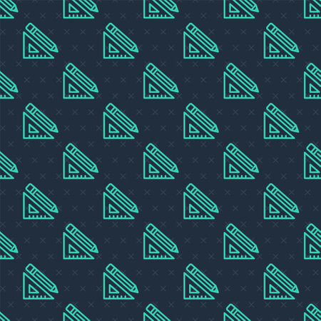 Green line Triangular ruler and pencil icon isolated seamless pattern on blue background. Straightedge symbol. Drawing and educational tools. Vectorのイラスト素材
