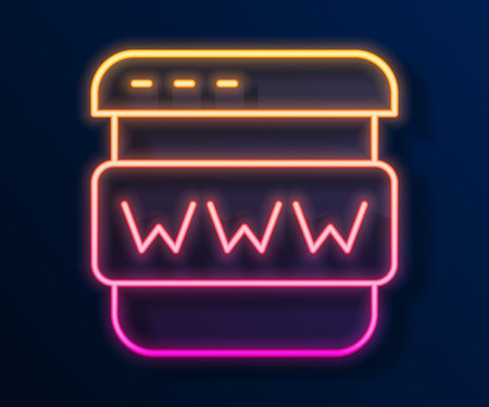 Glowing neon line Browser window icon isolated on black background. Vectorのイラスト素材
