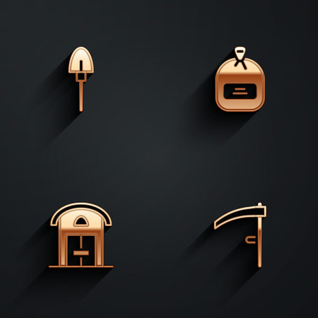 Set Shovel, Pack full of seeds, Farm house and Scythe icon with long shadow. Vectorのイラスト素材