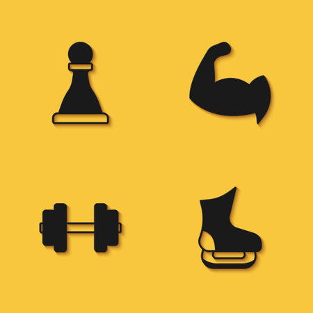 Set Chess, Skates, Dumbbell and Bodybuilder showing his muscles icon with long shadow. Vectorのイラスト素材