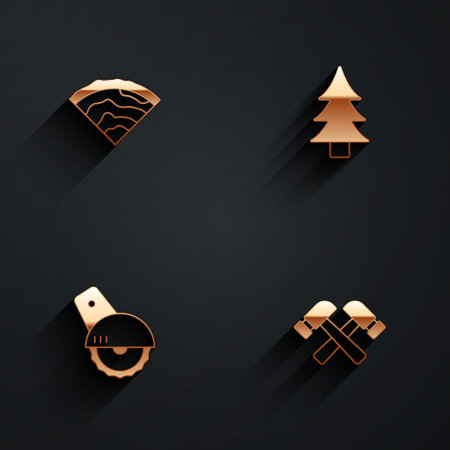 Set Wooden beam, Tree, Electric circular saw and Crossed hammer icon with long shadow. Vectorのイラスト素材