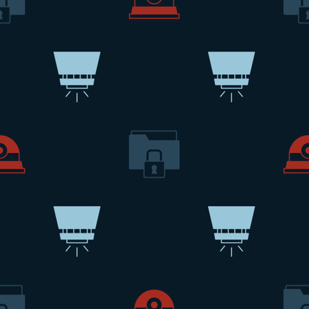 Set Security camera, Folder and lock and Fire sprinkler system on seamless pattern. Vectorのイラスト素材