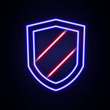 Glowing neon line Shield icon isolated on brick wall background. Guard sign. Security, safety, protection, privacy concept. Colorful outline concept. Vectorのイラスト素材