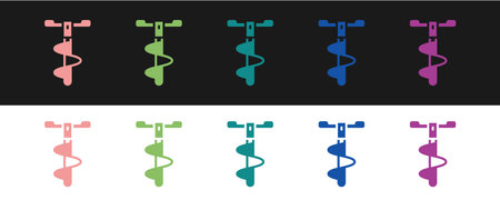 Set Hand ice drill for winter fishing icon isolated on black and white background. Vectorのイラスト素材