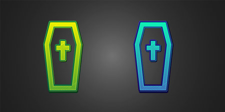 Green and blue Coffin with christian cross icon isolated on black background. Happy Halloween party. Vectorのイラスト素材