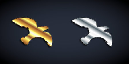 Gold and silver Bird seagull icon isolated on black background. Long shadow style. Vectorのイラスト素材