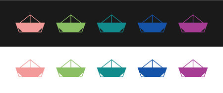 Set Folded paper boat icon isolated on black and white background. Origami paper ship. Vectorのイラスト素材