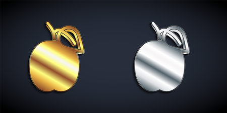 Gold and silver Plum fruit icon isolated on black background. Long shadow style. Vectorのイラスト素材