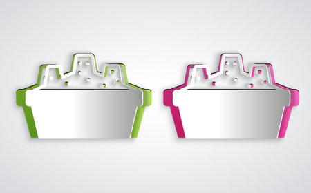 Paper cut Sandbox for kids with sand icon isolated on grey background. Paper art style. Vectorのイラスト素材