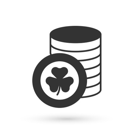 Grey Golden leprechaun coin with clover trefoil leaf icon isolated on white background. Happy Saint Patricks day. National Irish holiday. Vectorのイラスト素材