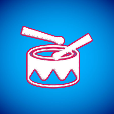 White Drum with drum sticks icon isolated on blue background. Music sign. Musical instrument symbol. Vectorのイラスト素材
