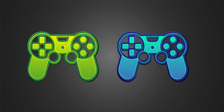 Green and blue Game controller or joystick for game console icon isolated on black background. Vectorのイラスト素材