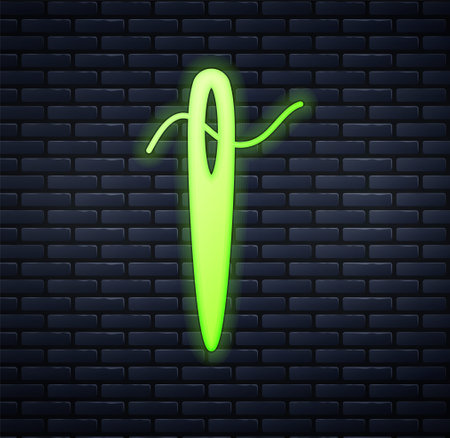Glowing neon Needle for sewing with thread icon isolated on brick wall background. Tailor symbol. Textile sew up craft sign. Embroidery tool. Vectorのイラスト素材