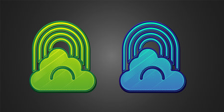 Green and blue Rainbow with cloud icon isolated on black background. Vectorのイラスト素材