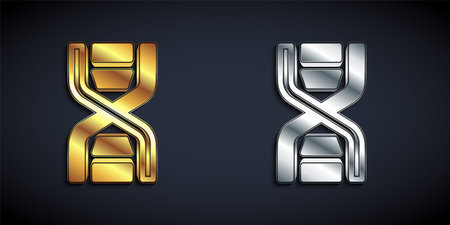 Gold and silver DNA symbol icon isolated on black background. Long shadow style. Vectorのイラスト素材