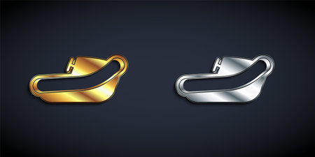 Gold and silver Inflatable boat with outboard motor icon isolated on black background. Long shadow style. Vectorのイラスト素材