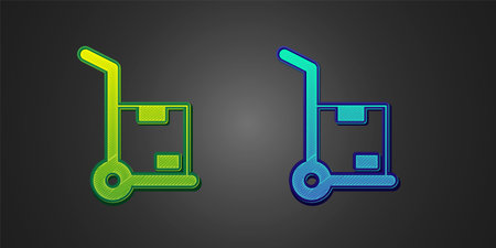 Green and blue Hand truck and boxes icon isolated on black background. Dolly symbol. Vectorのイラスト素材