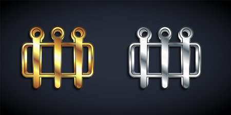 Gold and silver Needle for sewing icon isolated on black background. Tailor symbol. Textile sew up craft sign. Embroidery tool. Long shadow style. Vectorのイラスト素材