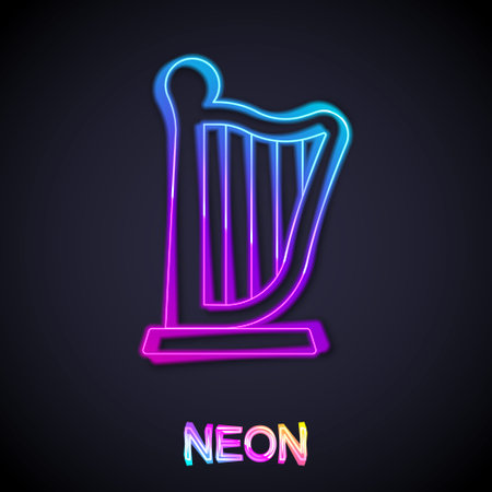Glowing neon line Harp icon isolated on black background. Classical music instrument, orhestra string acoustic element. Vectorのイラスト素材