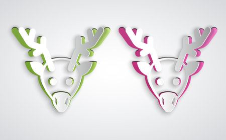 Paper cut Reindeer icon isolated on grey background. Merry Christmas and Happy New Year. Paper art style. Vectorのイラスト素材