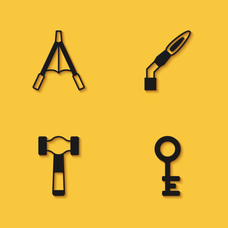 Set Air blower bellows, Old key, Hammer and Welding torch icon with long shadow. Vectorのイラスト素材
