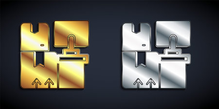 Gold and silver Warehouse interior with boxes on racks icon isolated on black background. Logistics, cargo, parcel storage postal service. Long shadow style. Vectorのイラスト素材