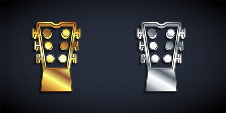Gold and silver Guitar neck icon isolated on black background. Acoustic guitar. String musical instrument. Long shadow style. Vectorのイラスト素材