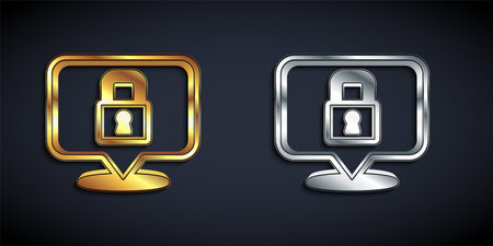 Gold and silver Lock icon isolated on black background. Padlock sign. Security, safety, protection, privacy concept. Long shadow style. Vectorのイラスト素材
