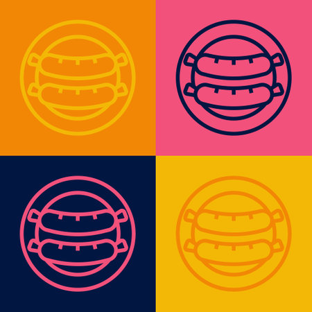 Pop art line Sausage icon isolated on color background. Grilled sausage and aroma sign. Vectorのイラスト素材