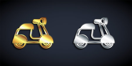 Gold and silver Scooter icon isolated on black background. Long shadow style. Vectorのイラスト素材