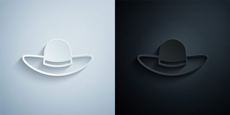 Paper cut Elegant women hat icon isolated on grey and black background. Paper art style. Vectorのイラスト素材