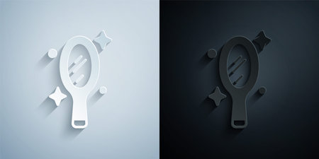 Paper cut Magic hand mirror icon isolated on grey and black background. Paper art style. Vectorのイラスト素材