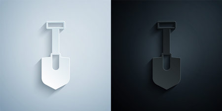 Paper cut Shovel icon isolated on grey and black background. Gardening tool. Tool for horticulture, agriculture, farming. Paper art style. Vectorのイラスト素材