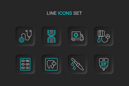Set line IV bag, Pipette, Dental clinic location, Pills blister pack, Blood pressure, Ambulance car, DNA symbol and Stethoscope icon. Vectorのイラスト素材