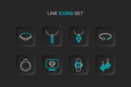 Set line Earrings, Wrist watch, Diamond, engagement, Bracelet jewelry, Pendant necklace, and Pearl icon. Vectorのイラスト素材