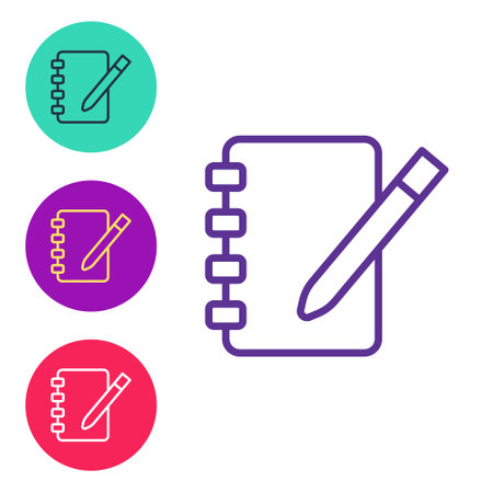 Set line Notebook icon isolated on white background. Spiral notepad icon. School notebook. Writing pad. Diary for school. Set icons colorful. Vectorのイラスト素材