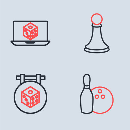 Set line Chess pawn, Game dice, Bowling pin and ball and icon. Vectorのイラスト素材
