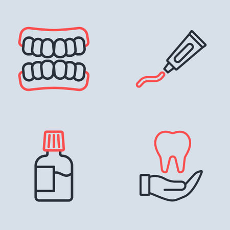 Set line Tube of toothpaste, Mouthwash, Tooth and Dentures model icon. Vectorのイラスト素材