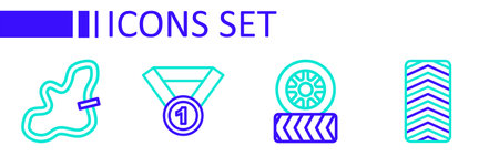 Set line Car tire wheel, Medal and Timing belt kit icon. Vectorのイラスト素材