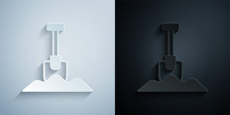 Paper cut Shovel icon isolated on grey and black background. Gardening tool. Tool for horticulture, agriculture, farming. Paper art style. Vectorのイラスト素材