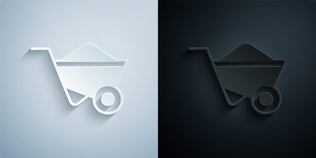 Paper cut Wheelbarrow icon isolated on grey and black background. Tool equipment. Agriculture cart wheel farm. Paper art style. Vectorのイラスト素材