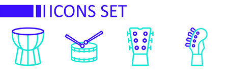 Set line Guitar neck, Drum with drum sticks and African darbuka icon. Vectorのイラスト素材