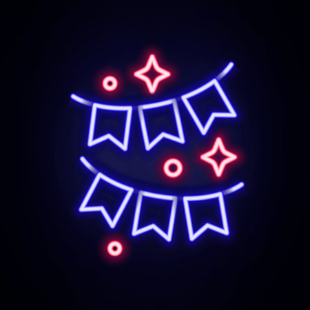 Glowing neon line Carnival garland with flags icon isolated on brick wall background. Party pennants for birthday celebration, festival and fair decoration. Colorful outline concept. Vectorのイラスト素材