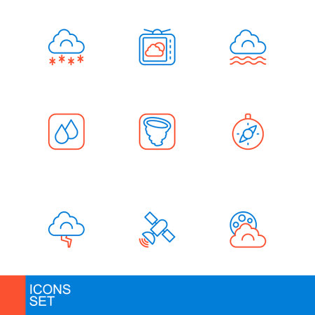 Set line Cloud with moon, Satellite, and lightning, Compass, Water drop, Tornado, Fog cloud and Weather forecast icon. Vectorのイラスト素材